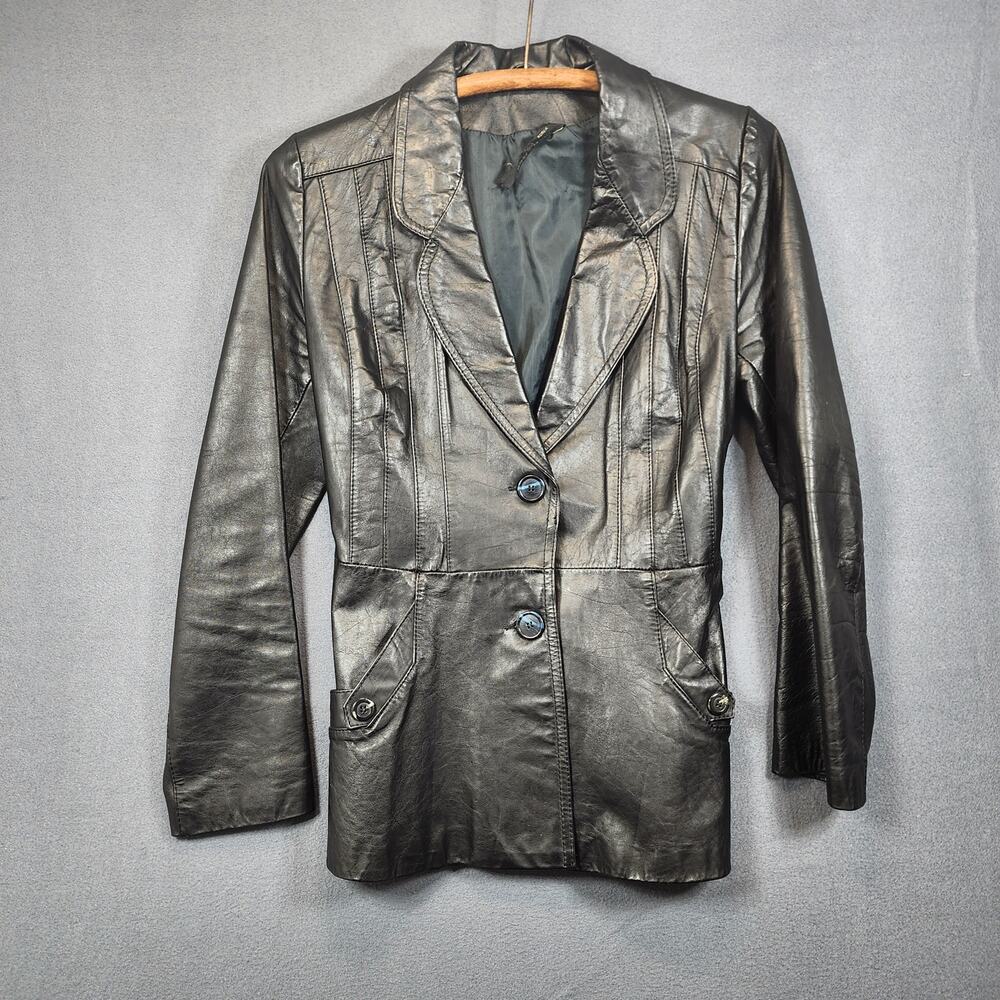 Vintage Womens Leather Jacket 9/10 Black OPERA Button Waist Tie Classic Mob Wife